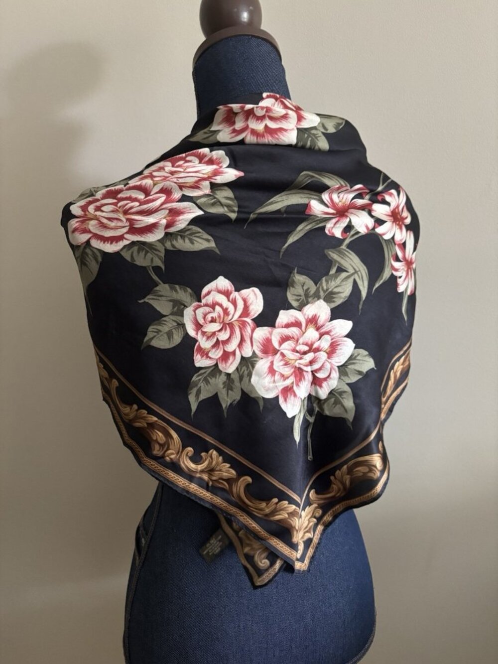 Vintage Bloomingdale’s Echo Silk Black Red Gold Scarf Roses Large Square 37”